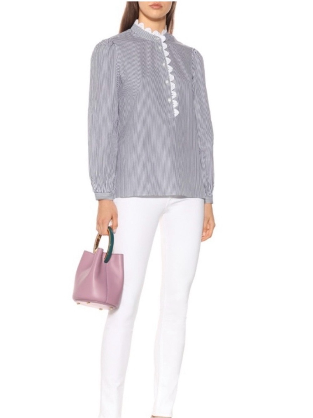 Tory Burch Blue White Stripe Cotton Lace Shirt Size 12